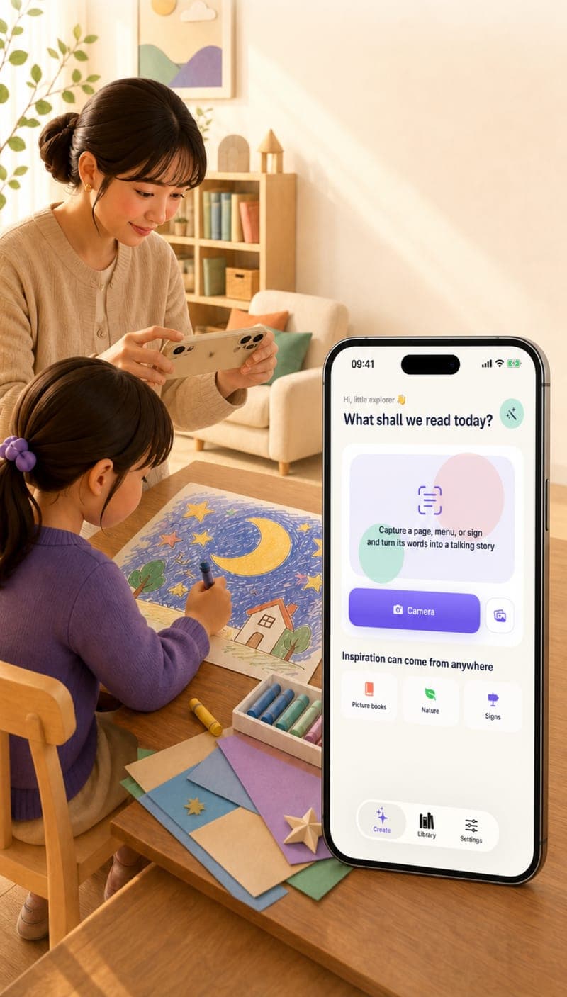 A parent helps a child turn their drawing into a personalized family story with StoryLens